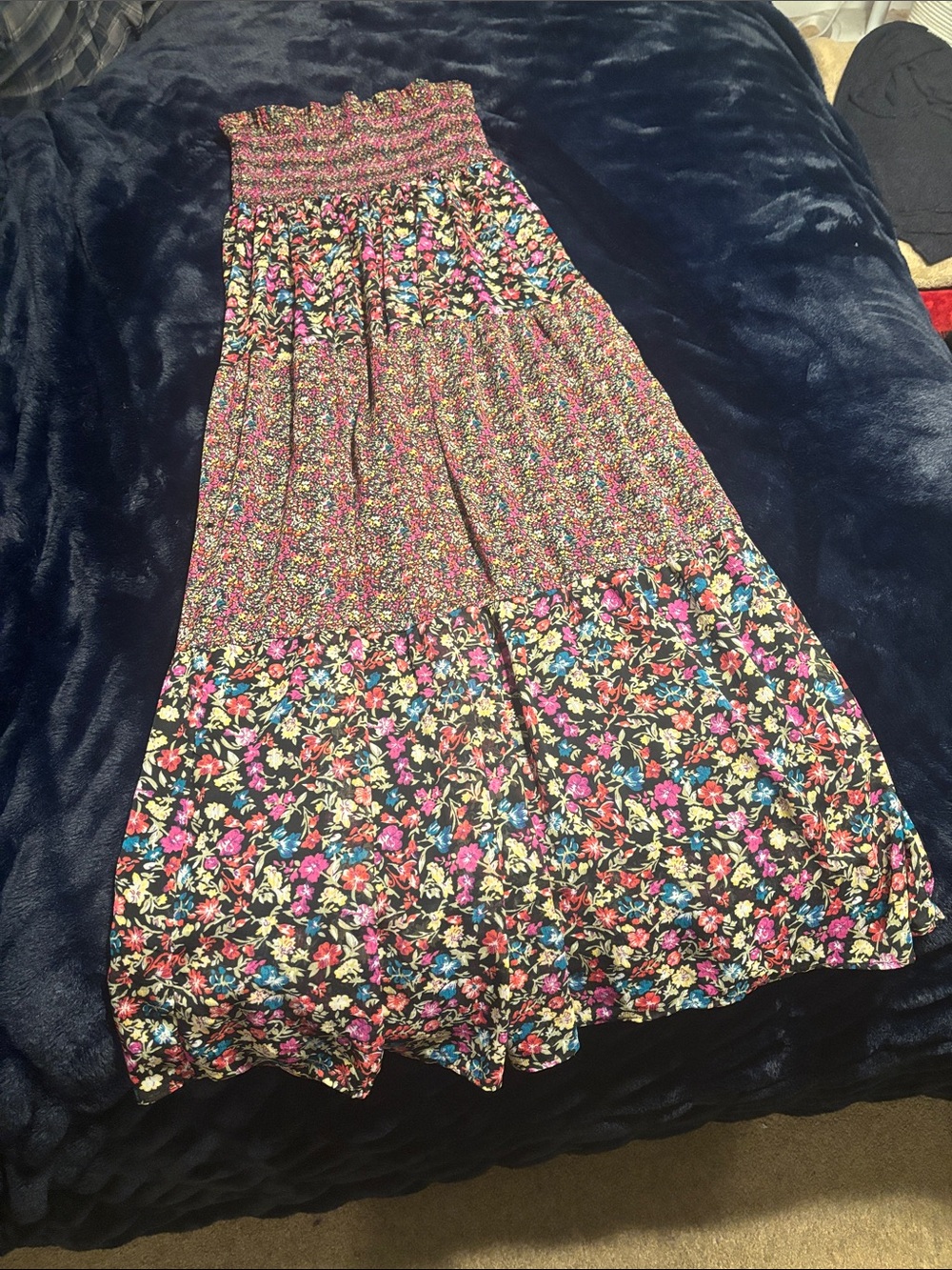 Rue21 Black Floral Smocked Maxi Skirt with Pink & Blue Accents